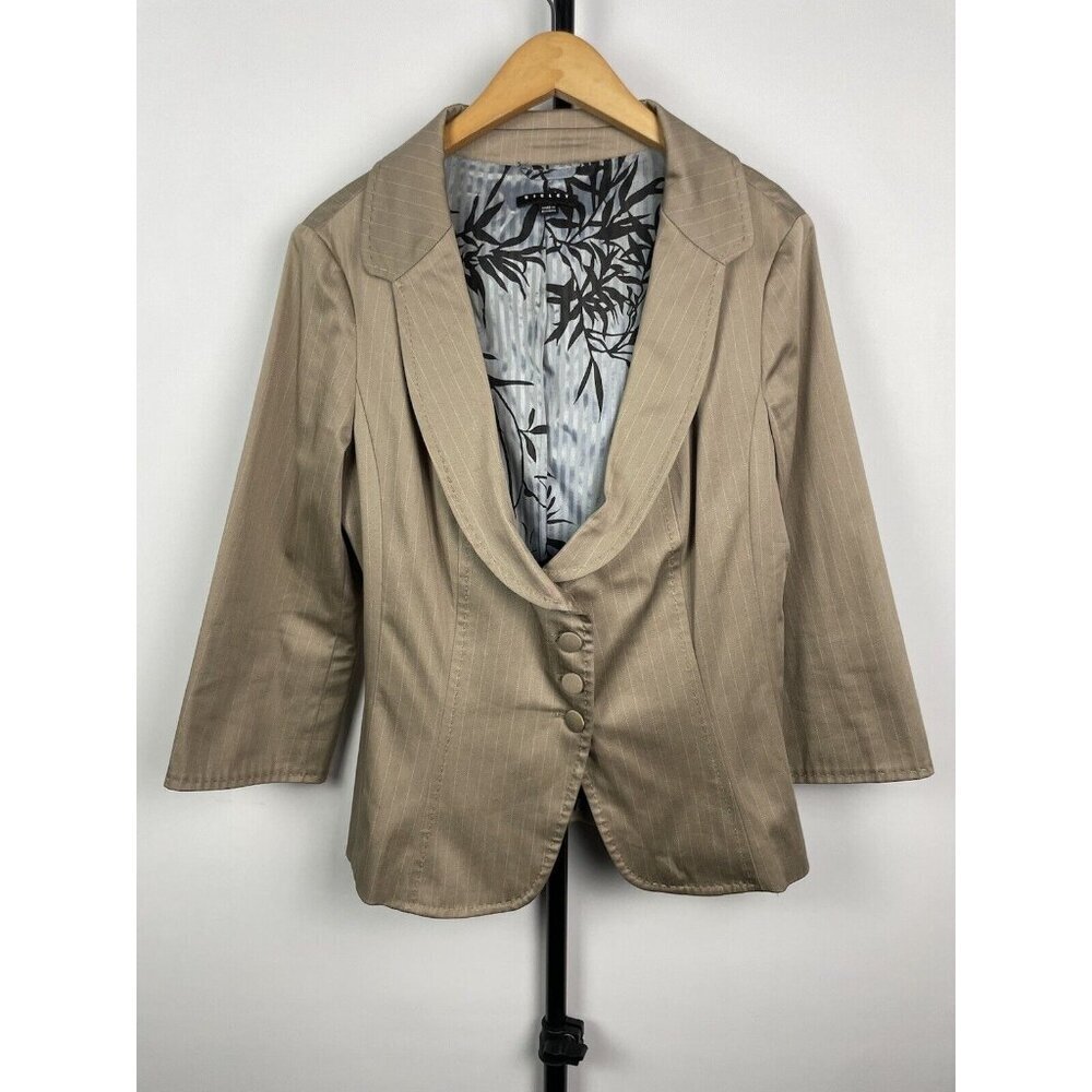 Sisley Camel Tan Striped Button‎ Front Stretch Office 3/4 Sleeve Blazer Size S